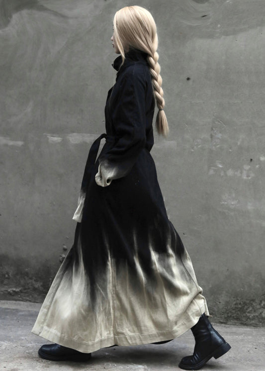 Gradient Color Tie Waist Pockets Denim Long Coats Long Sleeve Spring