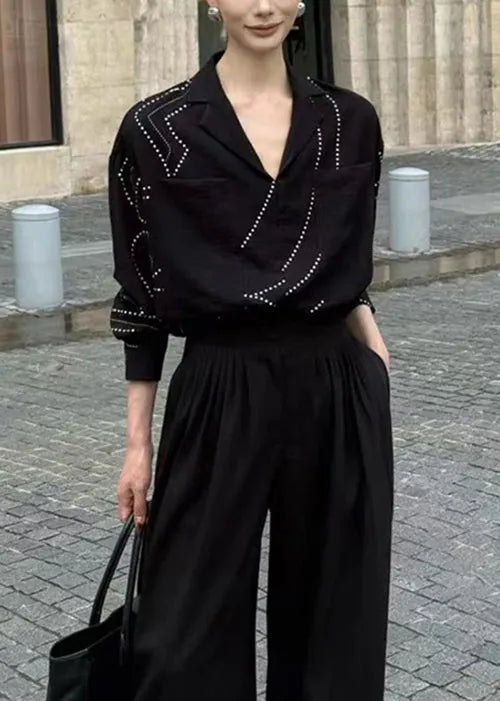 French Black V Neck Pockets Cotton Shirt Top Fall