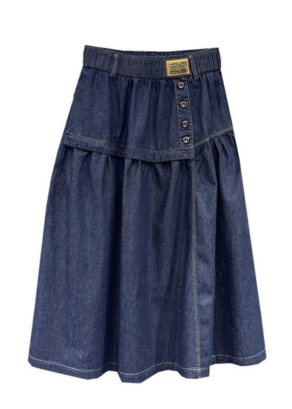 Loose Denim Blue Patchwork Button Elastic Waist a Line Skirt Summer