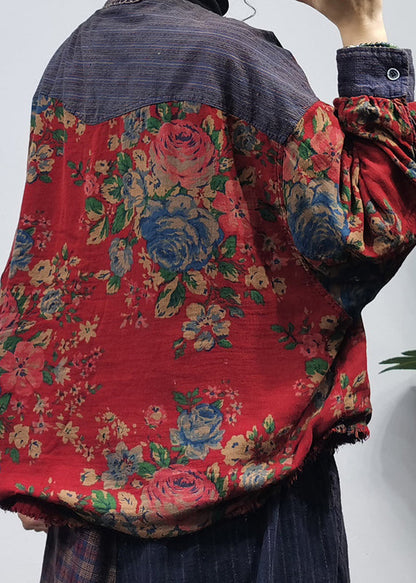 O-neck Button Big Pockets Patchwork Print Cotton Coats Long Sleeve