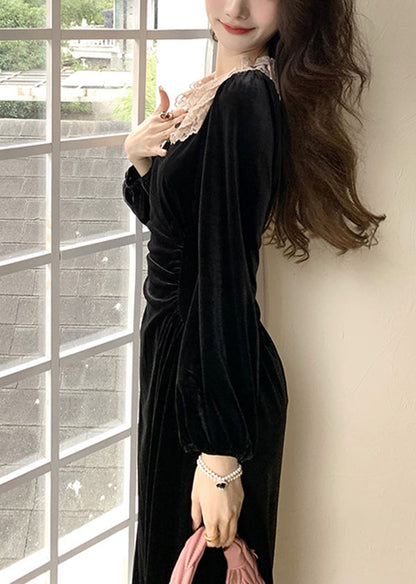 French Black Square Collar Lace Slim Fit Velour Dresses Spring