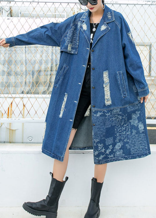 Blue Peterpan Collar Button Pockets Print Hole Fall Long Sleeve Trench Coat