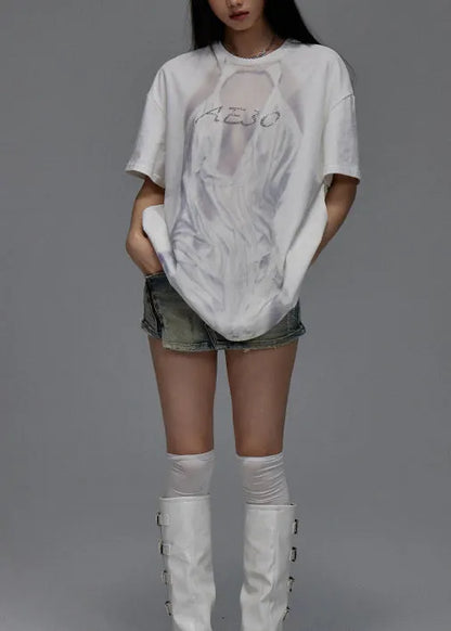 French White O Neck Print Tulle Patchwork Cotton T Shirt Summer