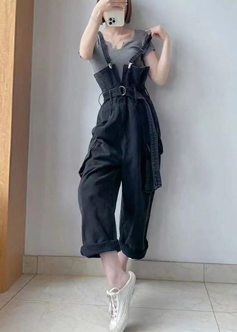 Black Tunic Pockets Denim Overalls Jumpsuit Summer