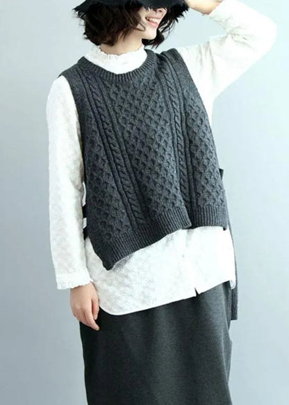 Dark Gray O-neck Side Open Low High Design Fall Knit Vest