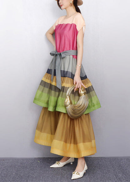 Pink Tie Waist Patchwork Bold Color Cotton Long Dresses O-neck Summer