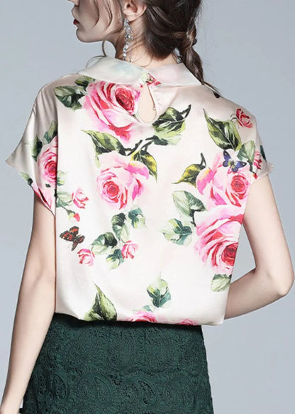 Italian Pink Peter Pan Collar Print Silk Tops Short Sleeve Summer