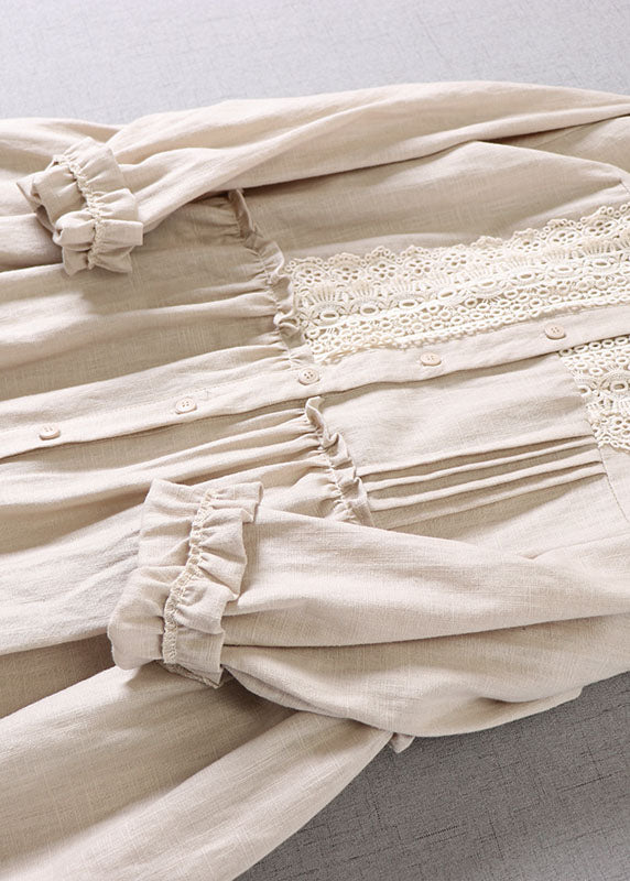 Beige Peter Pan Collar Ruffled Linen Dress Spring