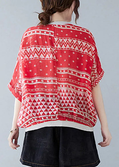 Vogue Red O-neck Print Drawstring T Shirt Summer