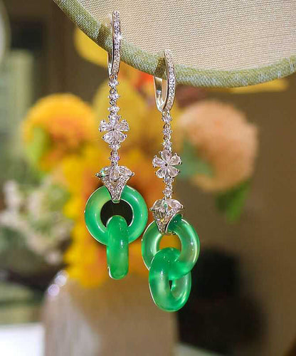 Green Sterling Silver Zircon Jade Ping Buckle Tassel Drop Earrings