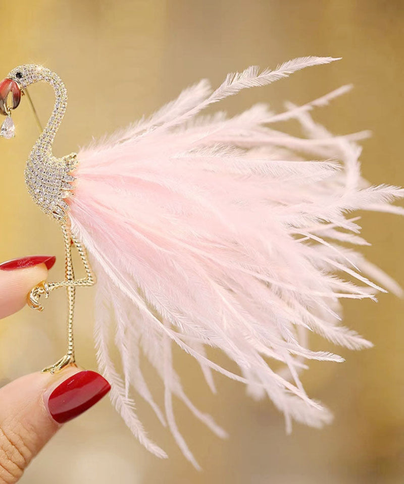 Pink Alloy Inlaid Zircon Flamingo Feather Brooches
