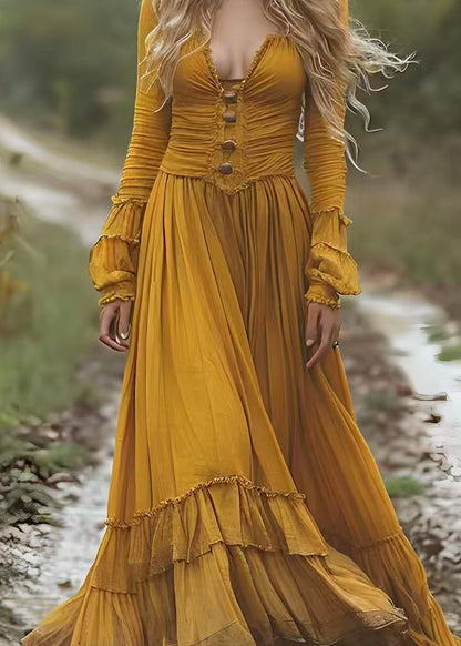 Yellow Wrinkled Patchwork Cotton Long Dresses Spring