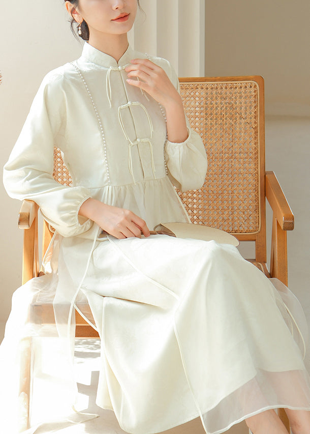 White Chinese Button Silm Fit Silk Dress Fall