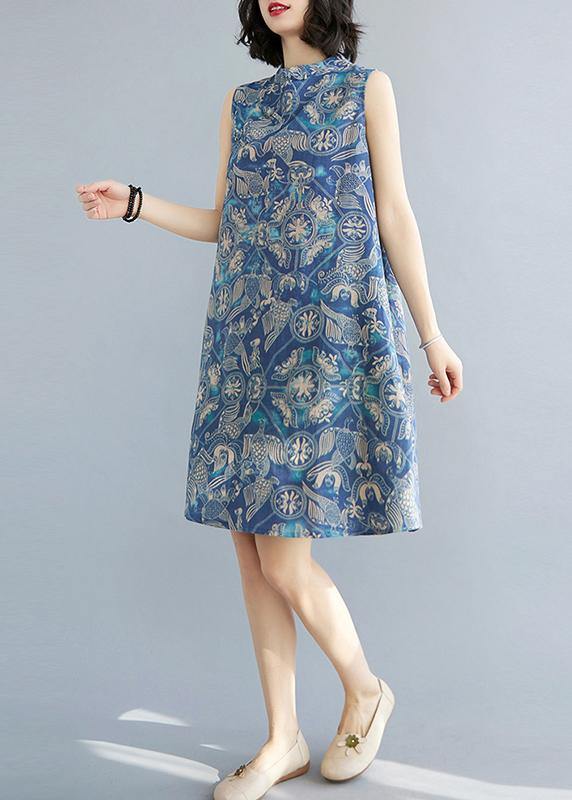 Loose Blue Print Oriental Summer Cotton Dress