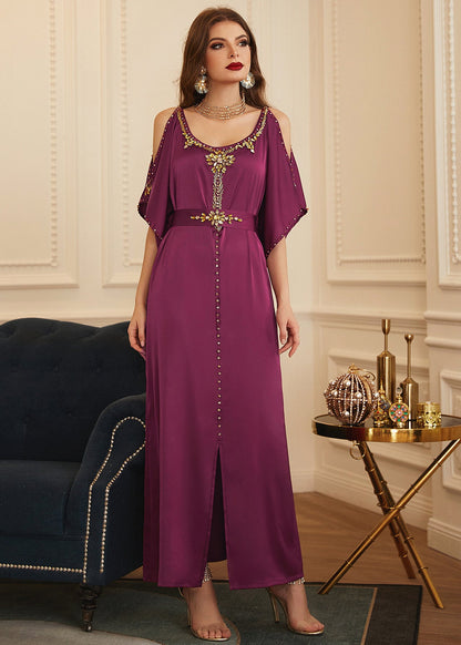 Boutique Purple O-neck Patchwork Cold Shoulder Slim Silk Holiday Long Dress Summer