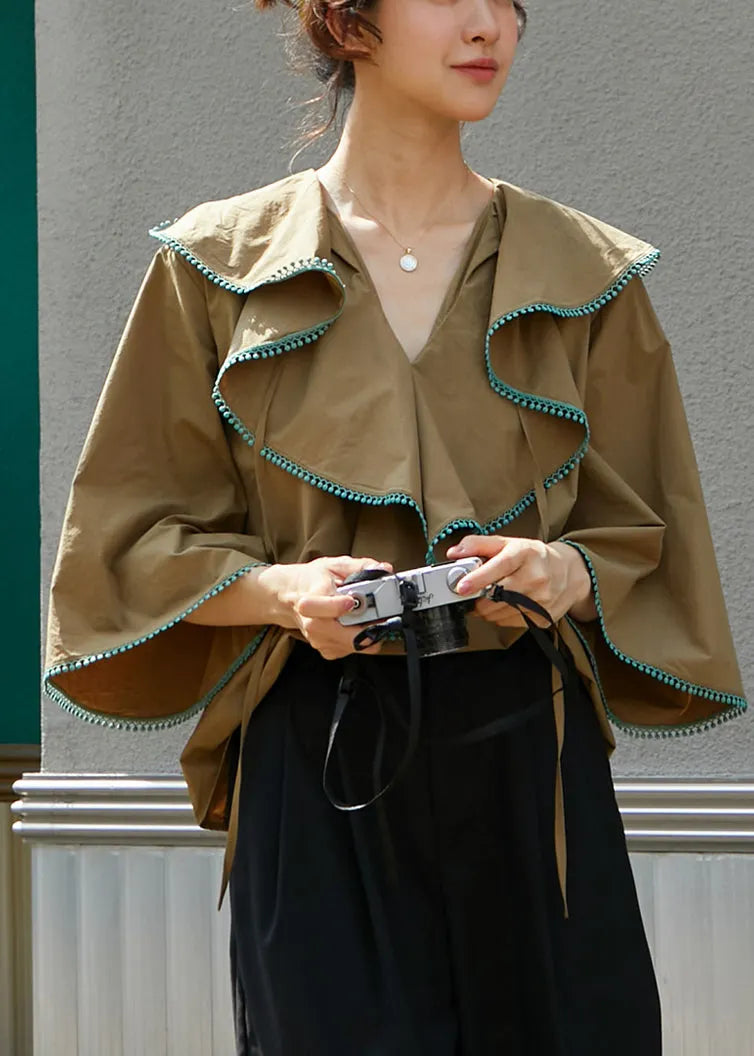 Khaki V Neck Ruffled Patchwork Cotton Shirts Fall
