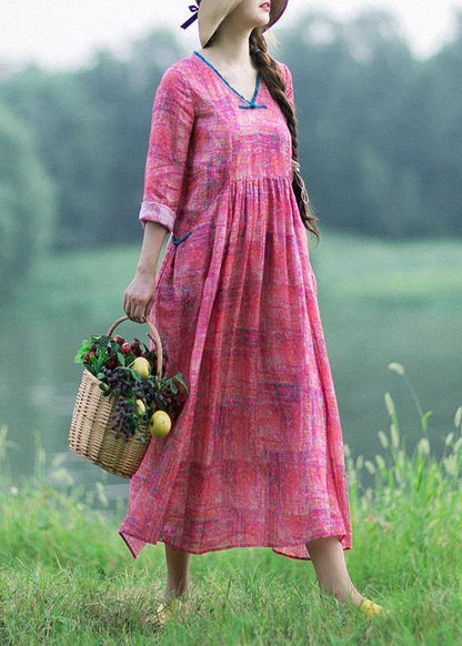 French Rose Print Clothes V Neck Patchwork Maxi Spring Dress