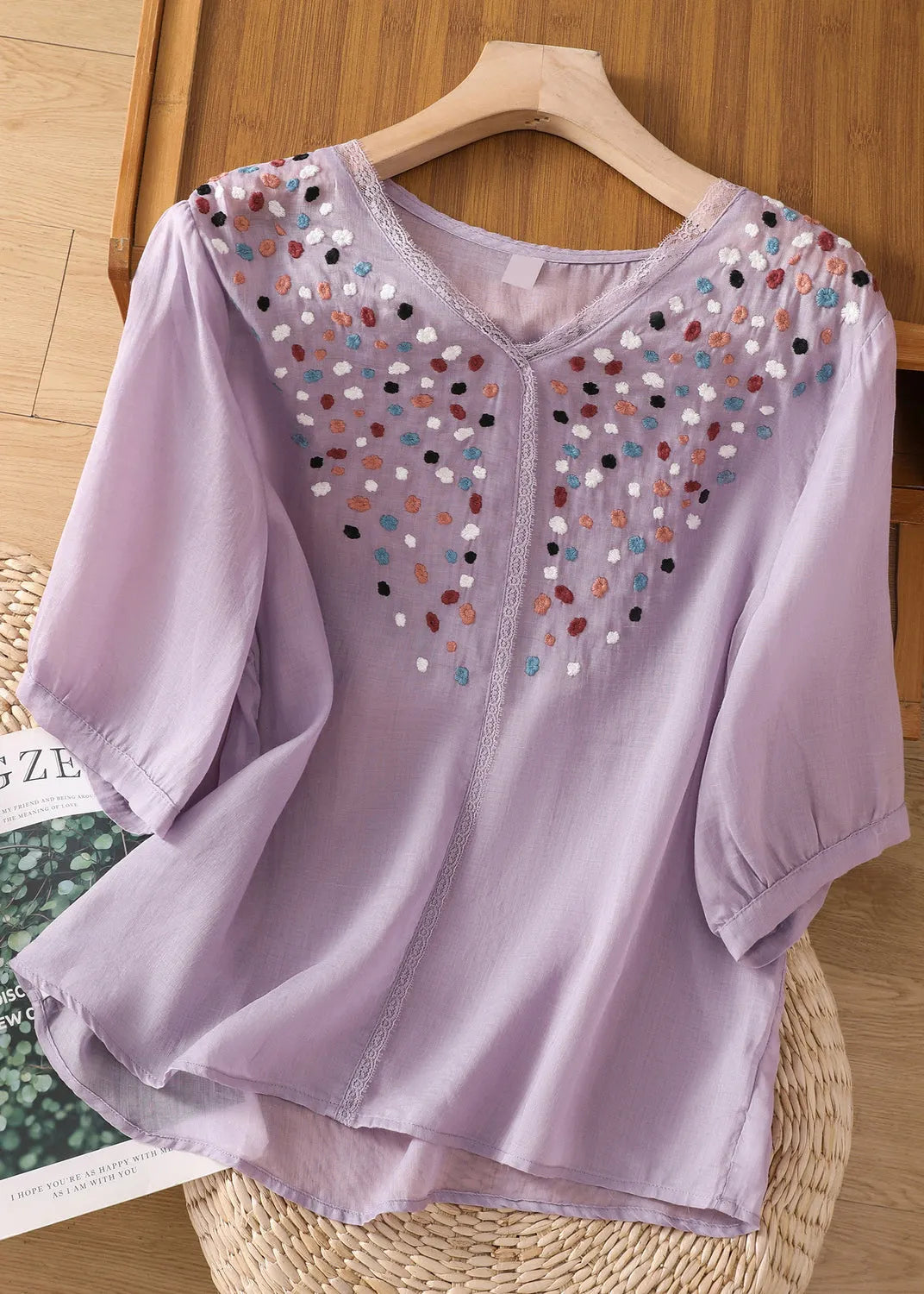 White Embroideried Patchwork Lace Linen Shirt Short Sleeve