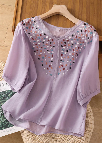White Embroideried Patchwork Lace Linen Shirt Short Sleeve