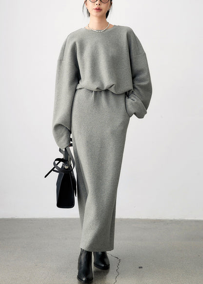 Grey O Neck Side Open Sweatshirt and Skirts Cotton Two Pieces Set Fall