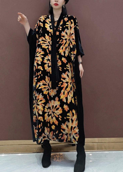 Natural V Neck Patchwork Spring Tunics for Fabrics Black Print Kaftan Dress