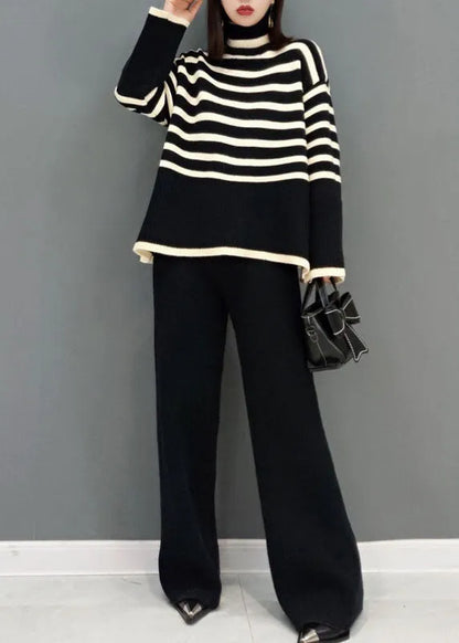 Black Turtle Neck Striped Knit Two Piece Suit Set Spring