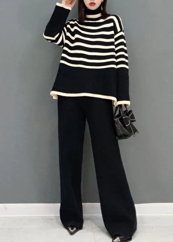 Black Turtle Neck Striped Knit Two Piece Suit Set Spring