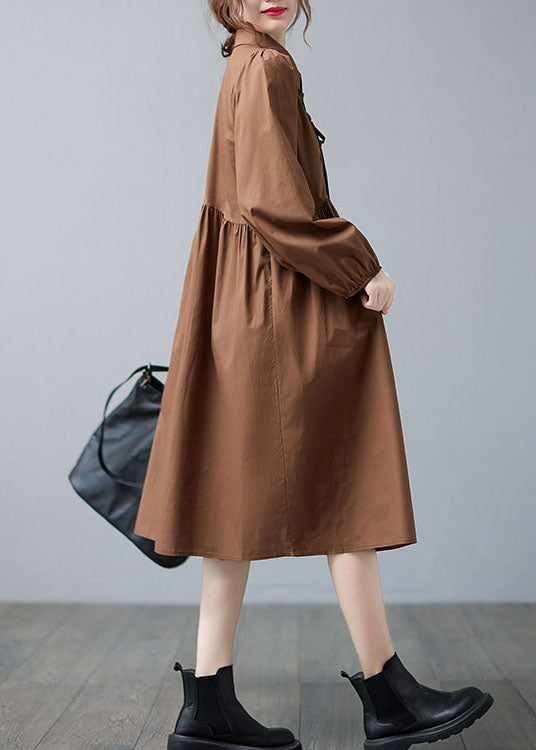 Caramel Peter Pan Collar Patchwork Button Fall Vacation Dresses Long Sleeve