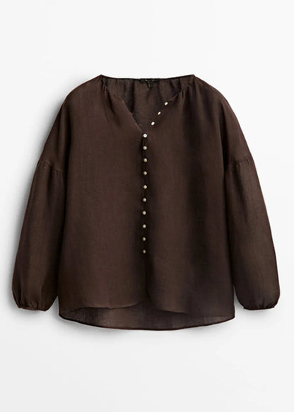 Chocolate V Neck Patchwork Low High Design Shirts Lantern Sleeve