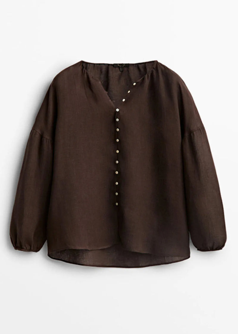 Chocolate V Neck Patchwork Low High Design Shirts Lantern Sleeve