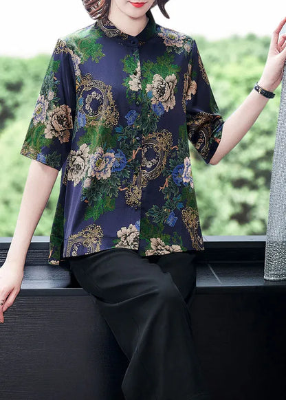 Fitted Blue Stand Collar Wrinkled Patchwork Print Silk Shirt Short Sleeve