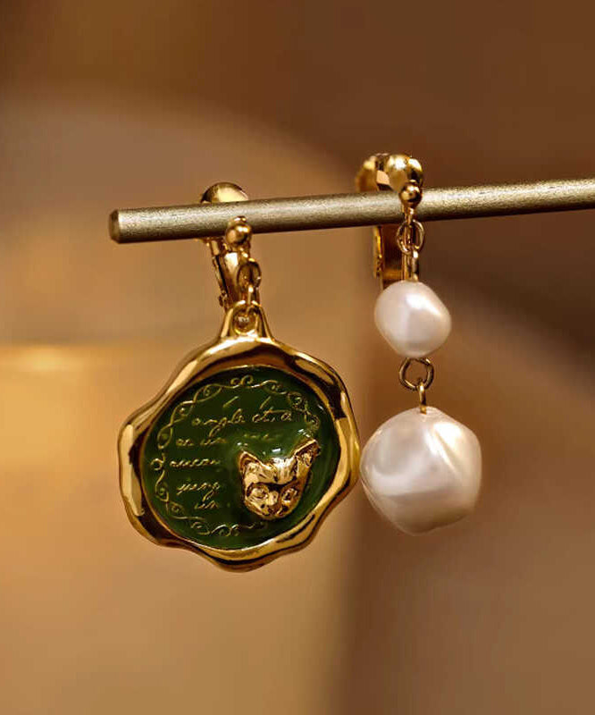 Sterling Silver Overgild Pearl Kitten Asymmetrical Drop Earrings