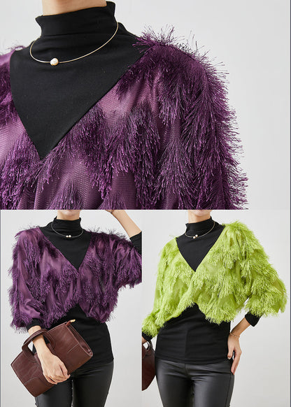 Purple Tasseled Patchwork Cotton Shirt Top Winter