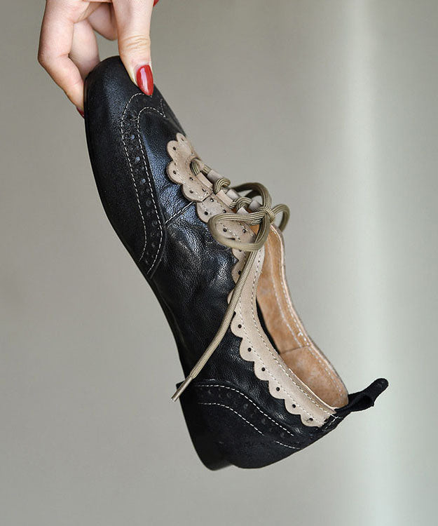 Black Sheepskin Lace Up Splicing Loafers