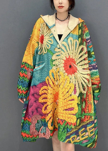 Colorblock Hooded Print Knit Loose Coats Fall