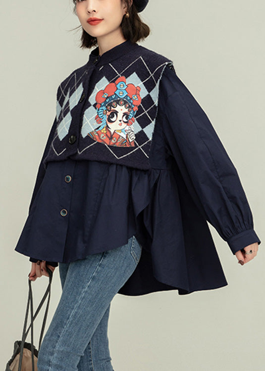 Blue Stand Collar Print Cotton Shirt and Waistcoat Two Piece Set Spring