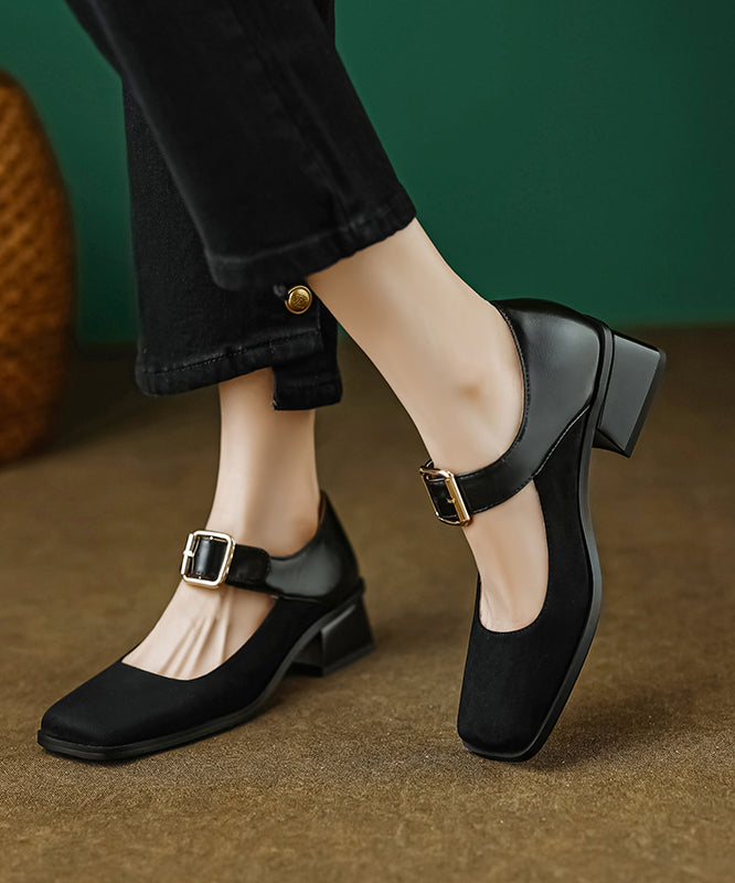 Apricot Suede Square Head Buckle High Chunky Heels