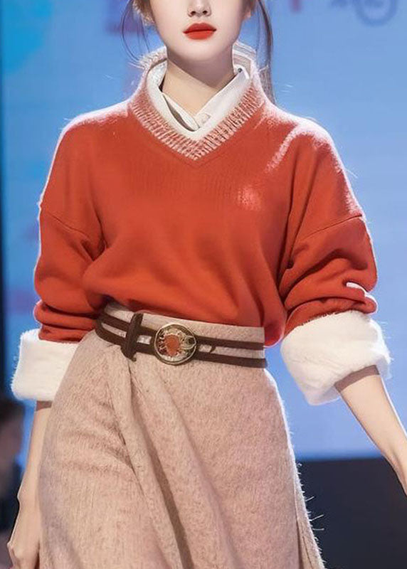 Art Red V Neck Print Cotton Knit Sweaters and Maxi Skirts Two Pieces Set Fall