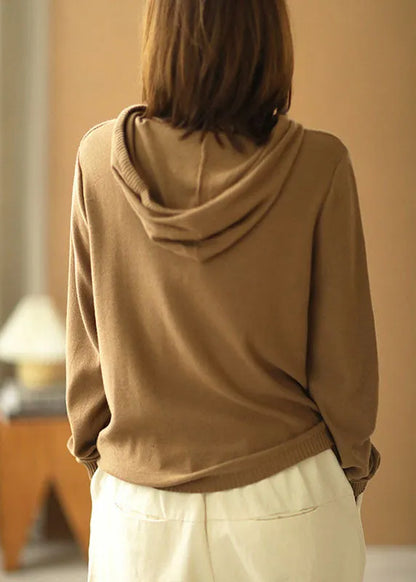 Khaki Hooded Drawstring Print Fall Knit Sweater