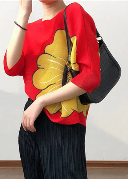 Red O-neck Print Wrinkled Tops Half Sleeve