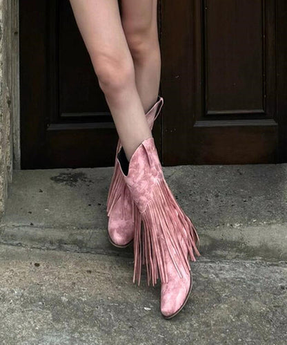 Pink Suede Splicing Chunky Boots Tassel