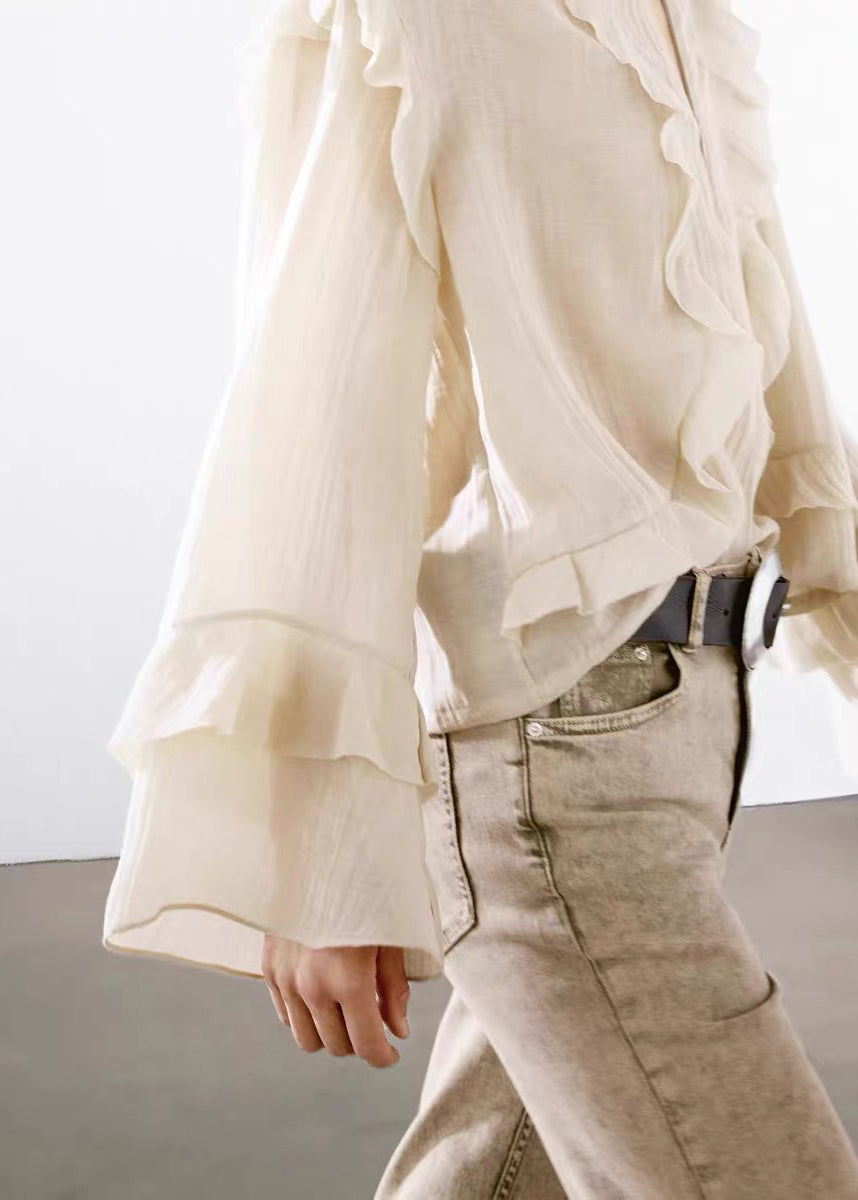 Boutique O-neck Ruffled Patchwork Cotton Blouse Tops Fall