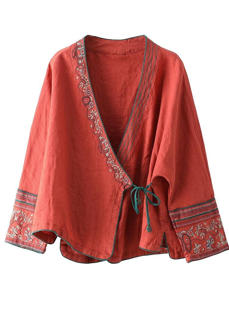 Red Embroideried Long Sleeve Linen Shirt