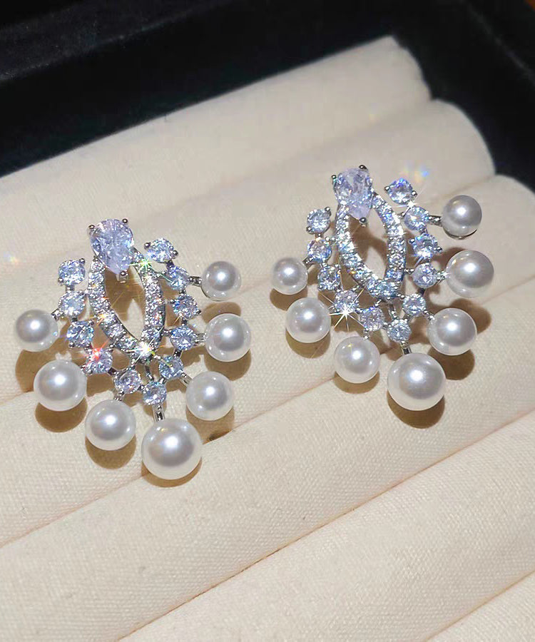 White Copper Zircon Pearl Stud Earrings