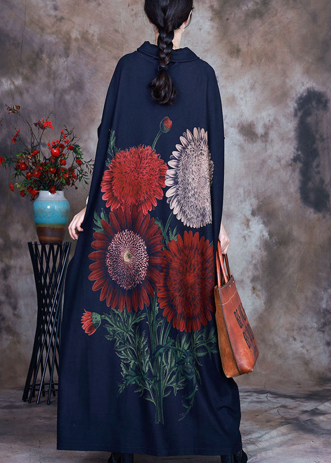 Blue Turtle Neck Print Velour Robe Dresses Spring