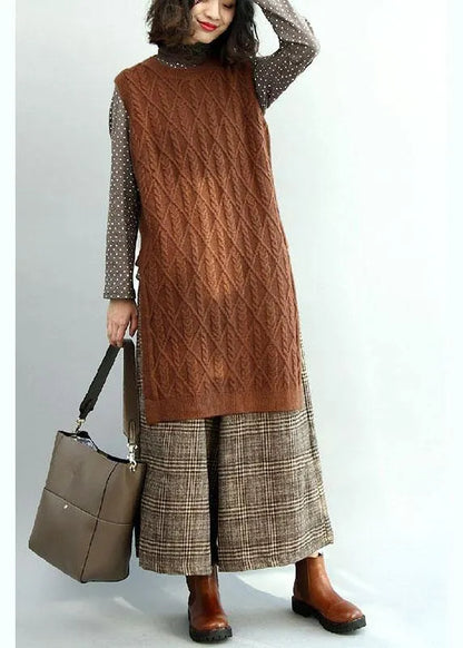 Style Chocolate O-neck Side Open Fall Knit Vest