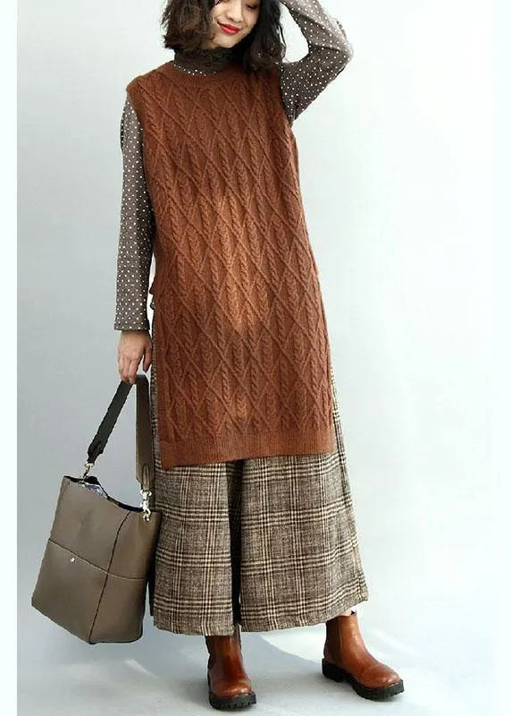 Style Chocolate O-neck Side Open Fall Knit Vest