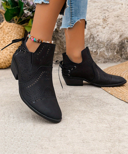 Brown Boots Chunky Faux Leather Hollow Out Ankle Boots