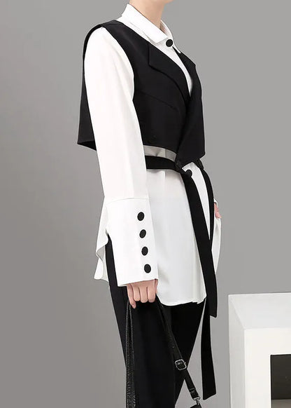 Loose Black Peter Pan Collar Button Shirt Vest Two Piece Suit Set Spring