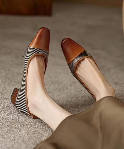 Black Chunky Heel Cowhide Leather Soft Splicing